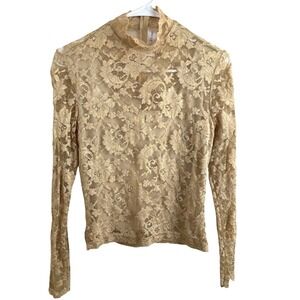 Kay Celine Lace Mock Neck Top Sheer Gold Romantic Coquette Y2K Women S